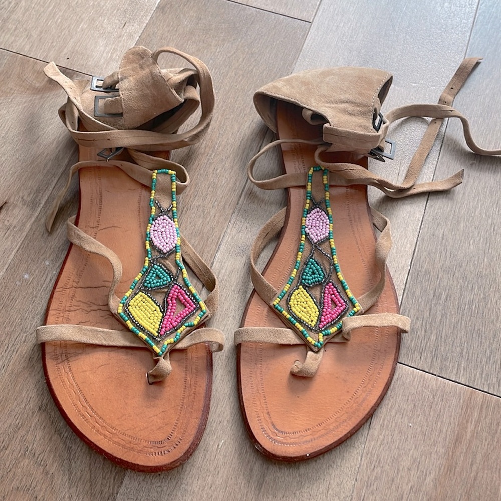 Antik Batik Beaded Sandals with Buttery Suede Straps - EUC